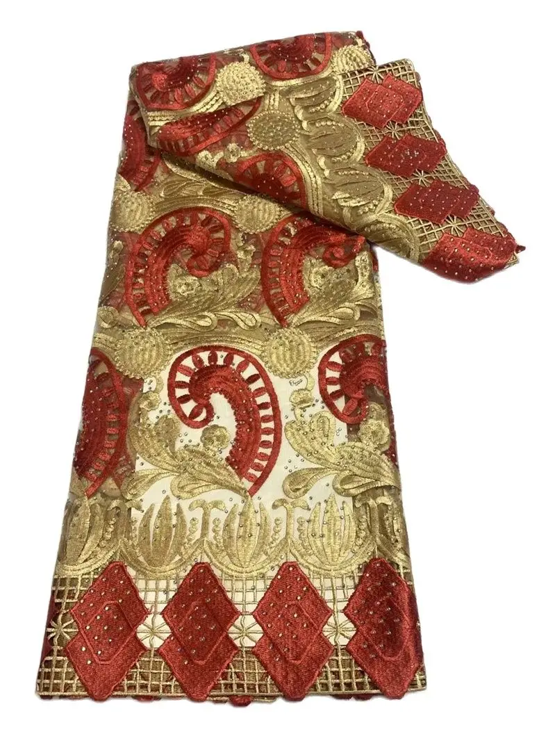 

Heavy Tulle Net Embroidery Lace with Stones, Floral Cord Lace Fabric, Fabric Material for Party, 5 Yards, Red and Gold, New