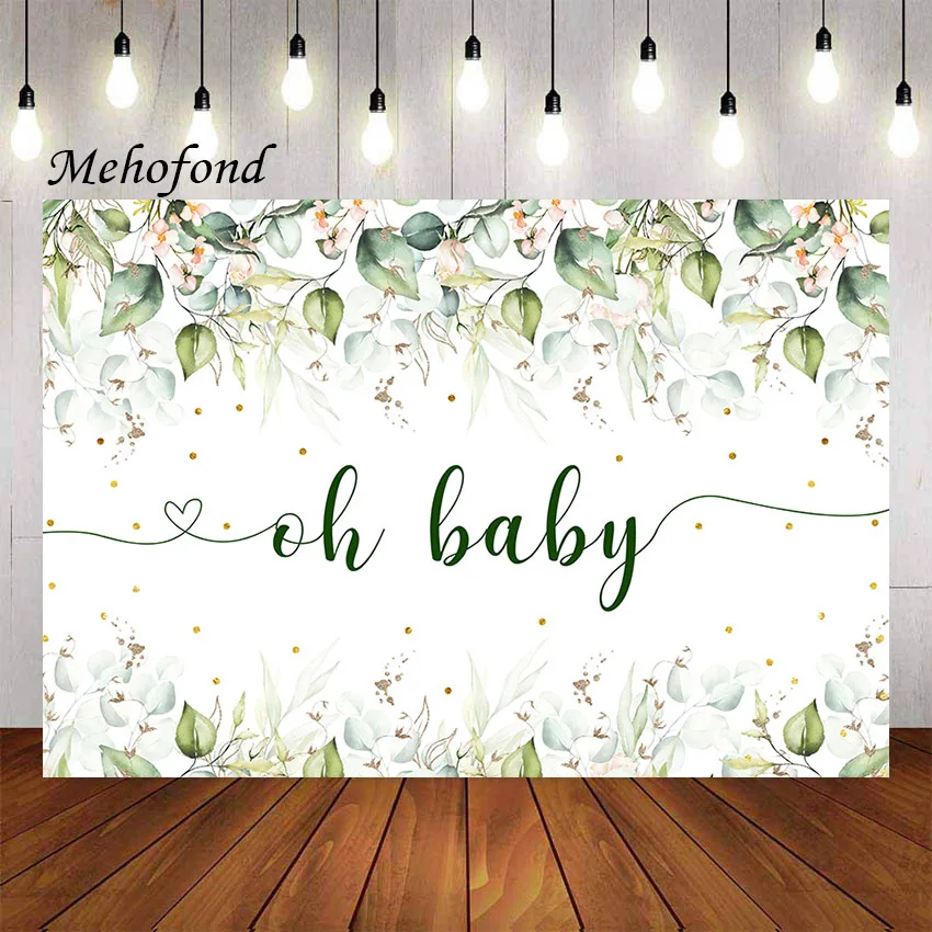 Hello Baby Backdrop Banner 150x90cm - Gold Eucalyptus Gender Neutral Baby Shower Photography Background