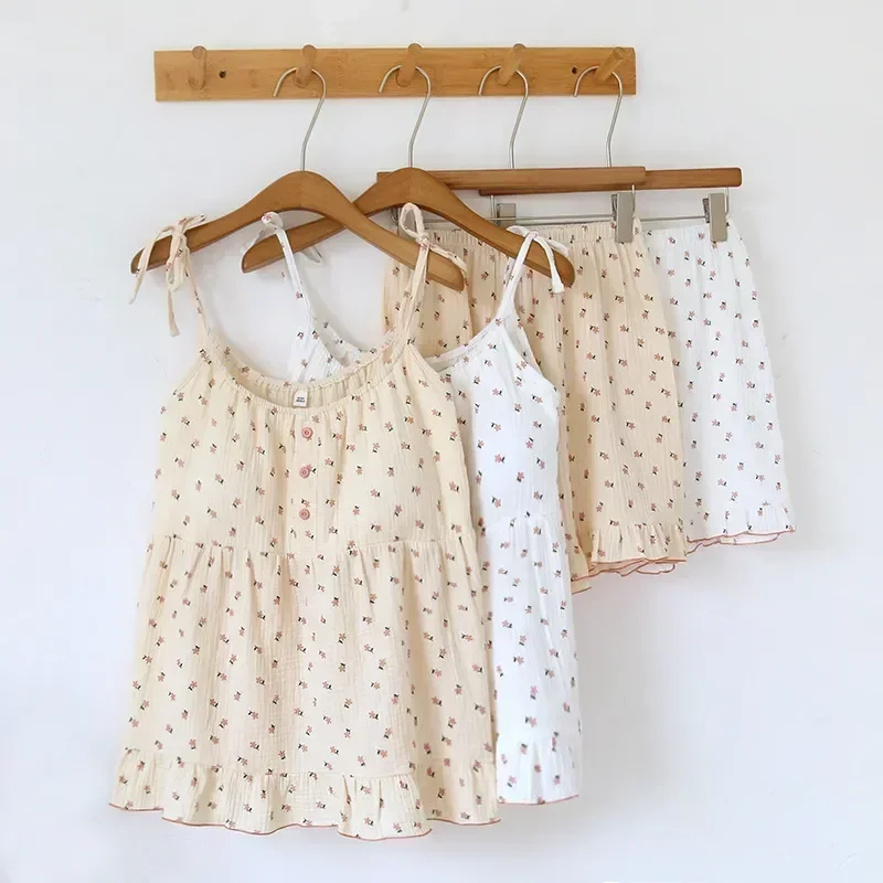 

Летняя Пижама, домашняя одежда, костюм, новинка, пижама, Повседневная Милая хлопковая короткая женская пижама из крепа с цветочным рисунком, милый женский рукав