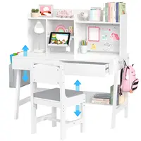 Kids Study Desk and Chair Set, Adjustable Children Study Table with Chair, Kids Wooden Desk with Hutch, Drawers, Book Stand, Whi