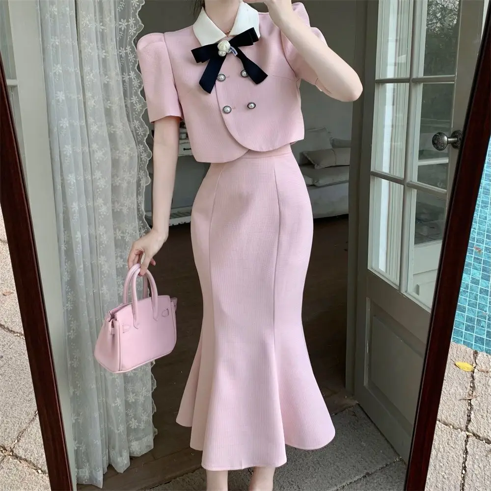 Suit High Quality Small Fragrance Two Piece Set Women Short Jacket+ Bodycon Fishtail Skirts Suits Korean Elegant Fashion Suit