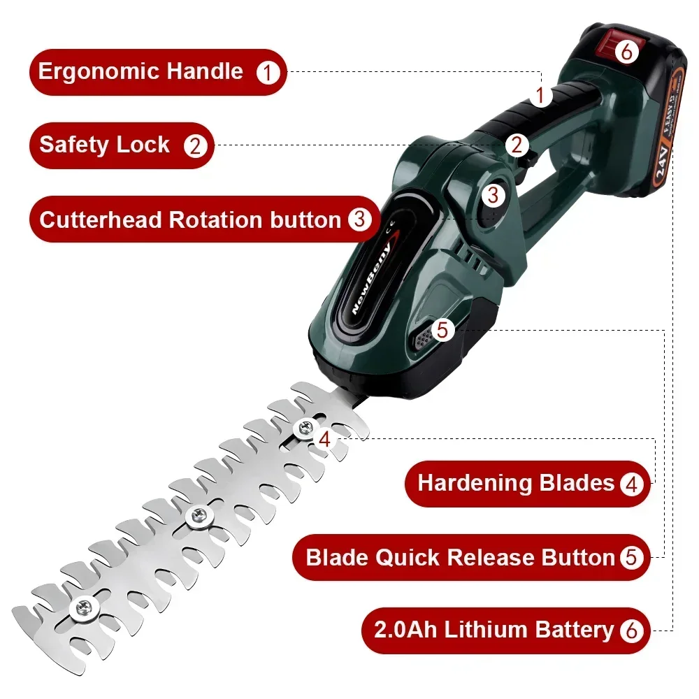 NEWBENY 2 IN 1 Handheld Electric Hedge Trimmer Garden Tool 24V Cordless Rechargeable Household Shrub Weeding Pruning Lawn Mower 3