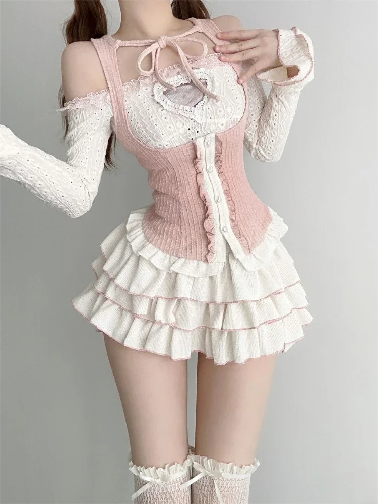 Japanese Kawaii Lolita 3 Piece Set Women Korean Sweet Cute Skirt Suit Female Off Shoulder Blouse + Pink Vest + Party Mini Skirt blouses plain textured button ruffled blouse in pink size l m s xl