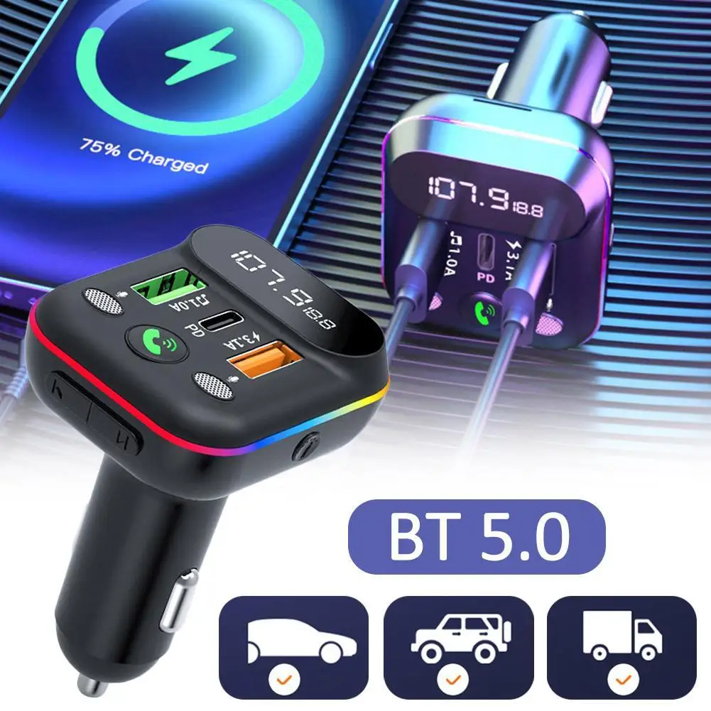 

Car Bluetooth 5.0 FM Transmitter Dual USB QC3.0 PD Type C Car Charger Ambient Light Handsfree Mp3 Music Player Support TF Card