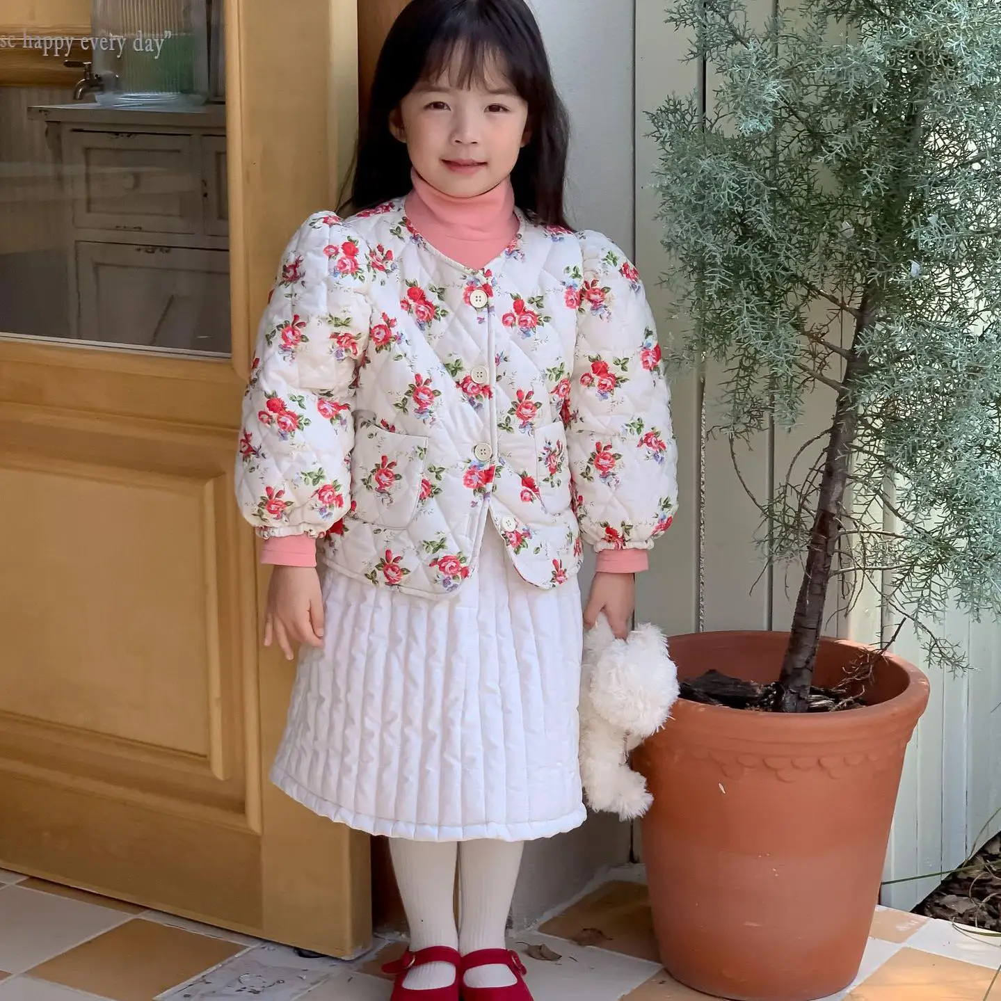 

Autumn Winter Toddler Girl Floral Puff Sleeves Cotton Coat Sweet Children Thick Flower Print Jacket Baby Casual Tops Kid Clothes