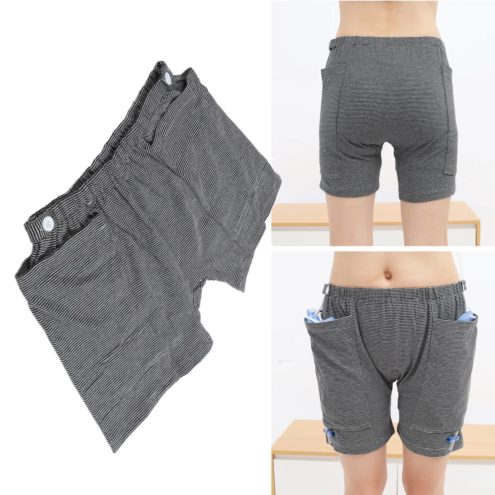 Incontinence Care Pants Breathable Catheter Underwear Double Pocket Fit 2000ml Bags Black White Stripes for Ostomy for Elderly reusable diapers,male urine collector