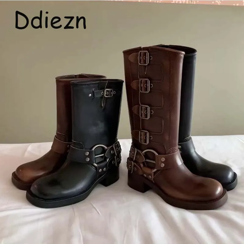 

Round Toe Women Short Boots Thick-Heeled Autumn Fashion Buckle Western Shoes Mid-Calf Knight Long Boots Female Slip-On Shoes