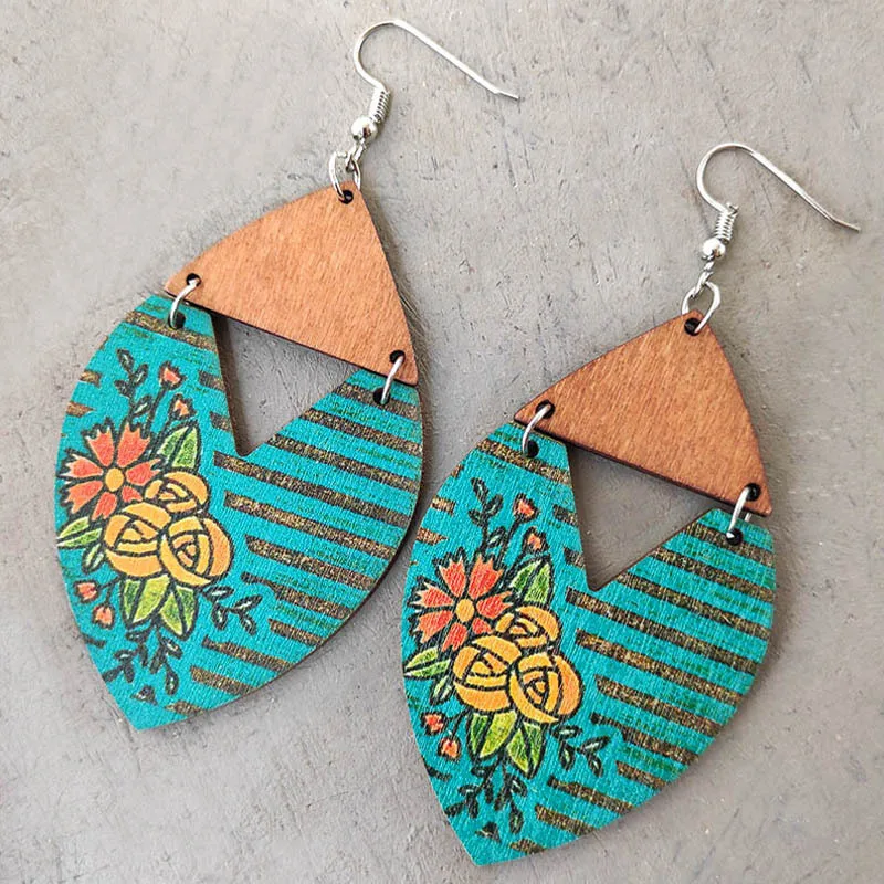 Bohemian Sunflower Earrings Summer Striped Blue Bonnet Wooden