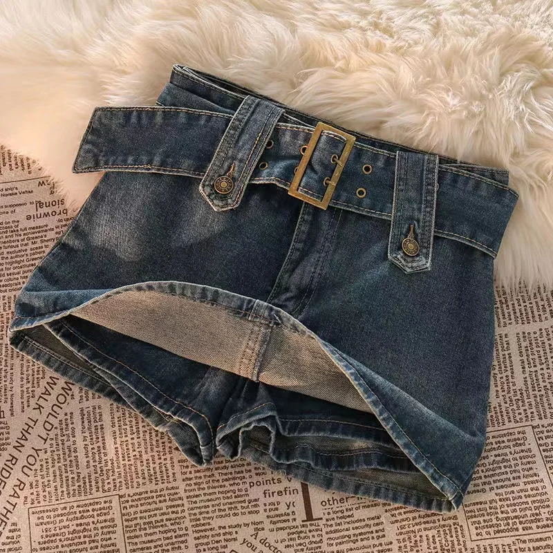 

Vintage Belt Mini Denim Skirt Women Summer 2023 Y2K Korean Aesthetic Fairy Grunge High Waist Bodycon A-line Shorts Jeans Skirts