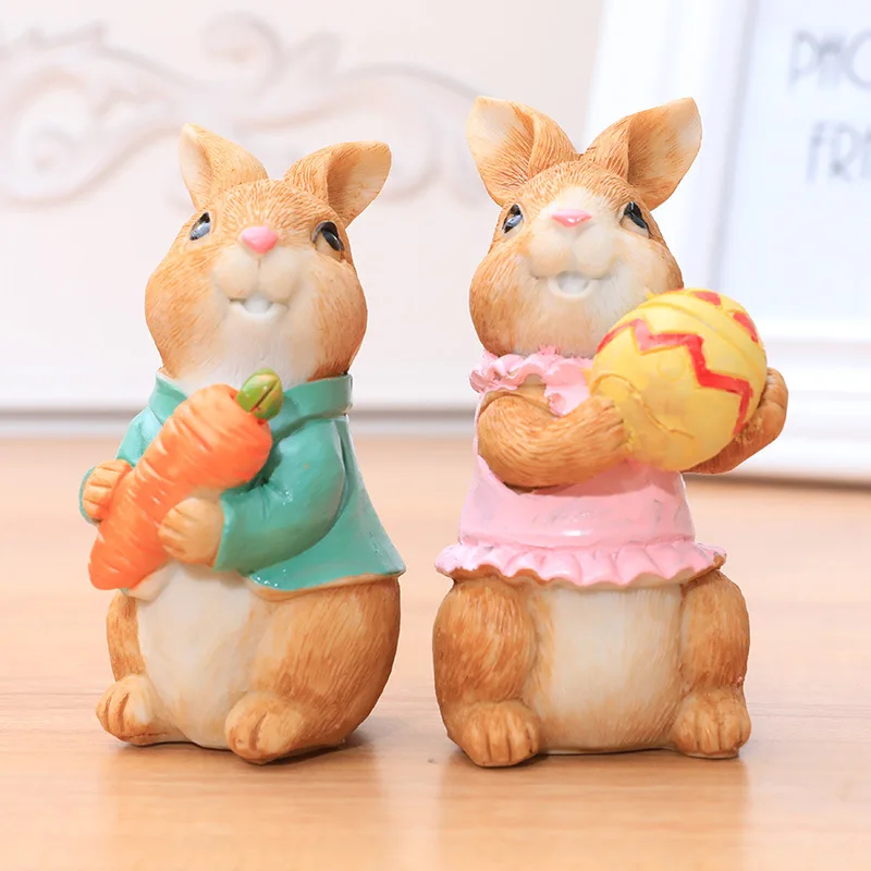 2pcs Easter Bunny Resin Crafts Rabbit Doll Decor Desktop Decoration Rabbit Hug Carrot Figurine Easter Party Decoration Gift