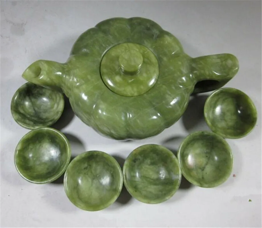 

Copper statue Chinese Green Jade Hand Carved Statue Teapot Cups Amp Pumpkin One Set