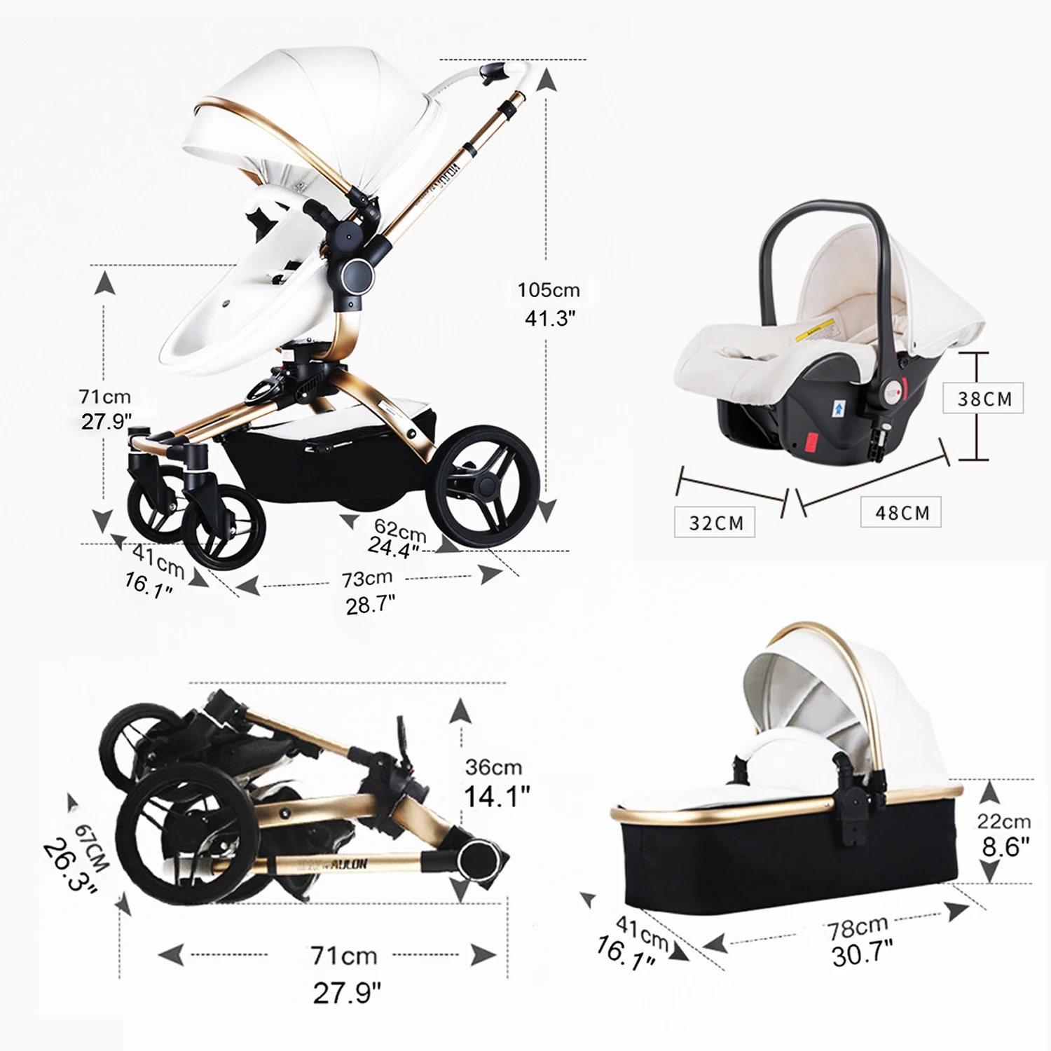 Max of Aulon, 3in1 Baby Stroller, Aulon Baby Carriage, PU Leather Luxury Pram, Foldable Standard Stroller Combo Car Seat