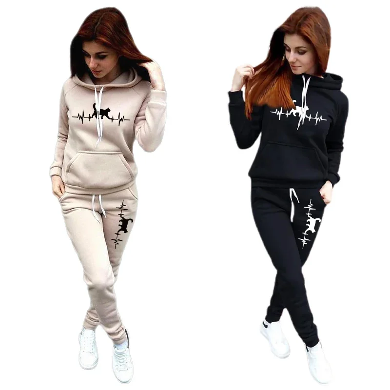 Women Tracksuit Dog Printed Two Piece Set Autumn Winter Warm Hoodies+Pants Pullovers Sweatshirts Female Jogging Sports Outfits