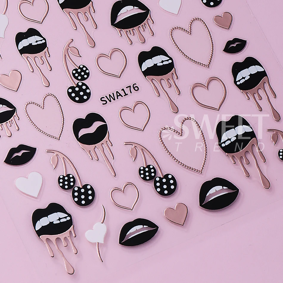 2pcs Black Lips Love Heart Nail Art Stickers Sexy Valentine Metal Line Love Cherry Self-adhesive Nail Decals DIY Manicure Decor