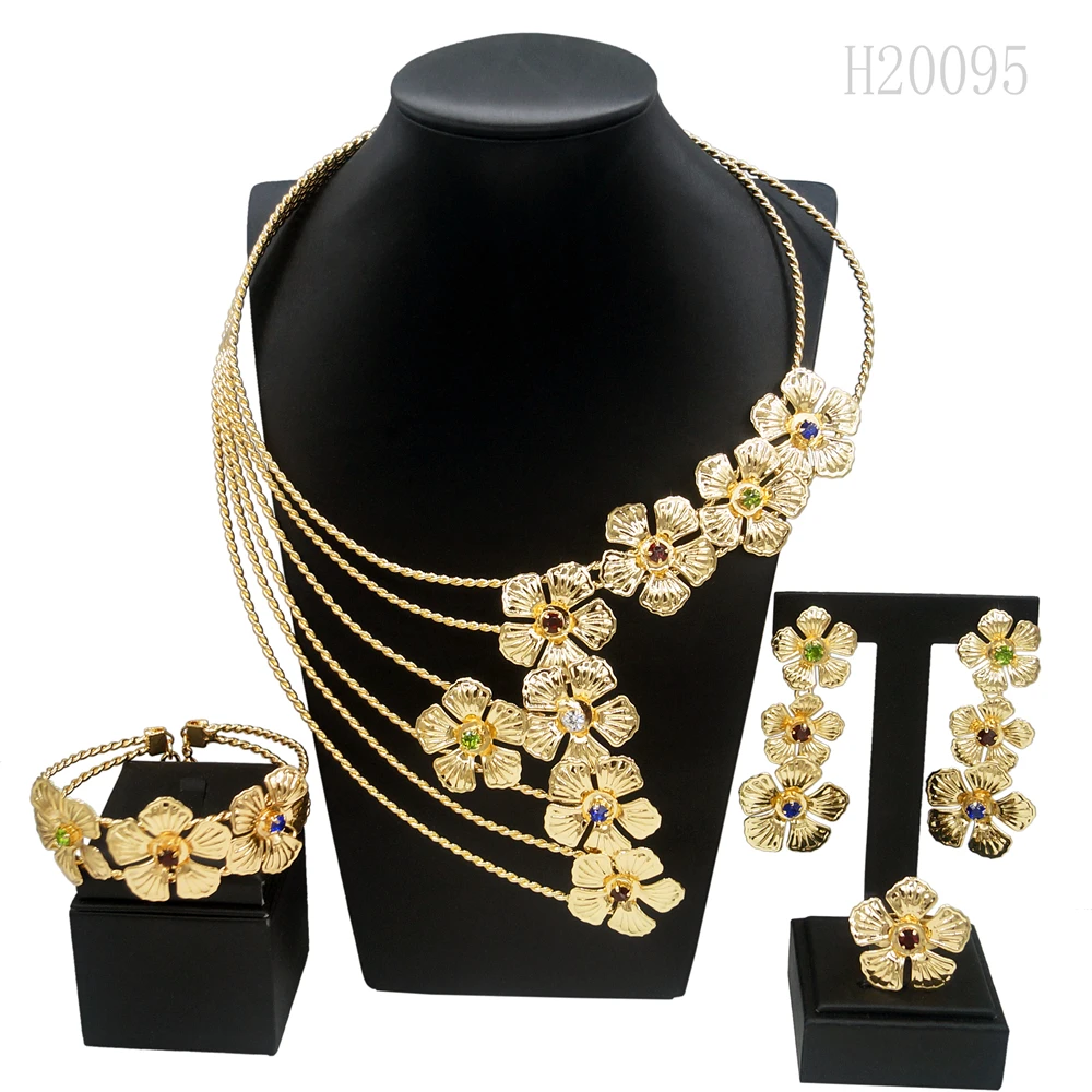 

Yuleili Brazil Gold plated fine jewelry set Flowers colored gemstones embellished semicircle shape dynamic young party daily wea