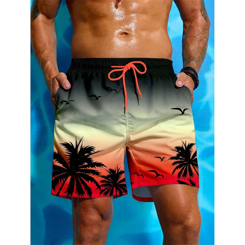 Palm Tree Pattern Beach Shorts Men Gradient 3D Printed Swim Trunks Summer Breathable Short Pants Loose Board Shorts Streetwear 2