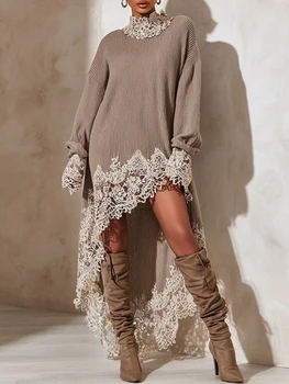 Solid Lace Trim Mini Dress Women Casual Patchwork Long Sleeve Turtleneck Asymmetrical Hem Loose Dresses 2026 Spring Autumn Dress 1