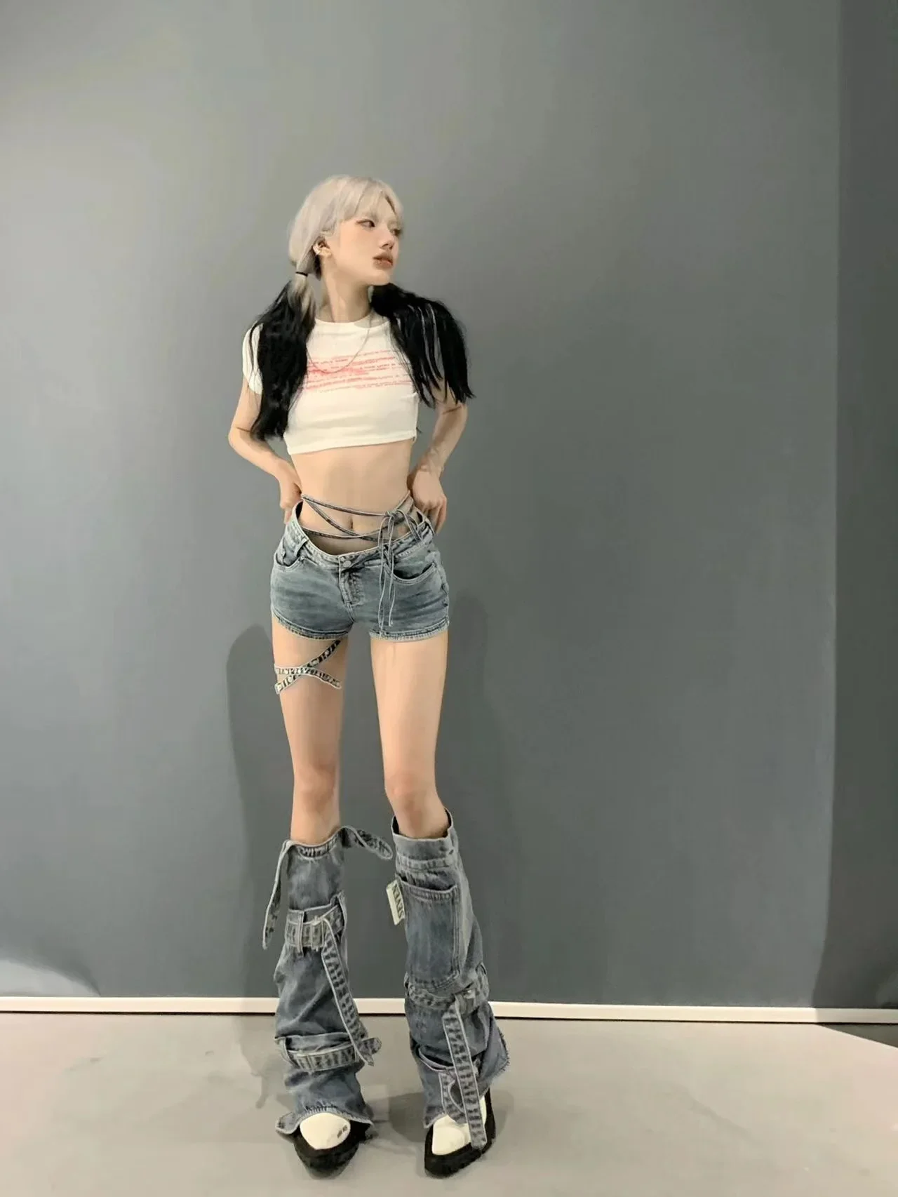 Vintage Washed Bandage Jeans Hot Girls Two Ways Wearing Shorts and Leg Cover Belt Denim Baggy Pants Streetwear Punk Goth Jeans