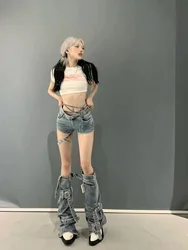 Vintage Washed Bandage Jeans Hot Girls Two Ways Wearing Shorts and Leg Cover Belt Denim Baggy Pants Streetwear Punk Goth Jeans