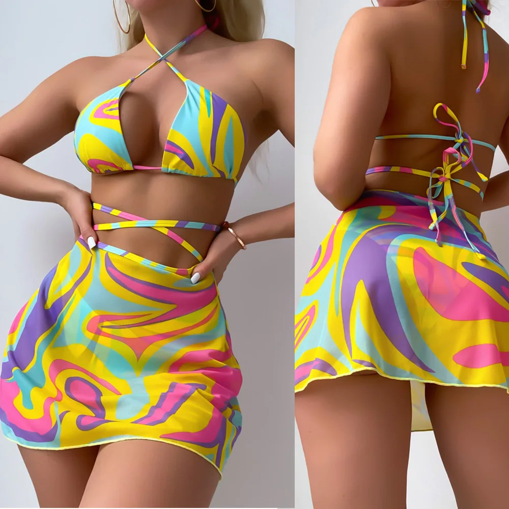 

Sexy Print Swimsuit Women 2023 High Waist Three Piece Gauze Skirt Bikini Cross Bandage Halter Backless Bathing Suit Beachwear