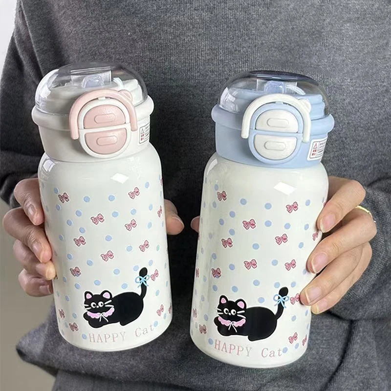 Kawaii Cat Bow-tie Thermos Water Bottle With Straw Cute Stainless