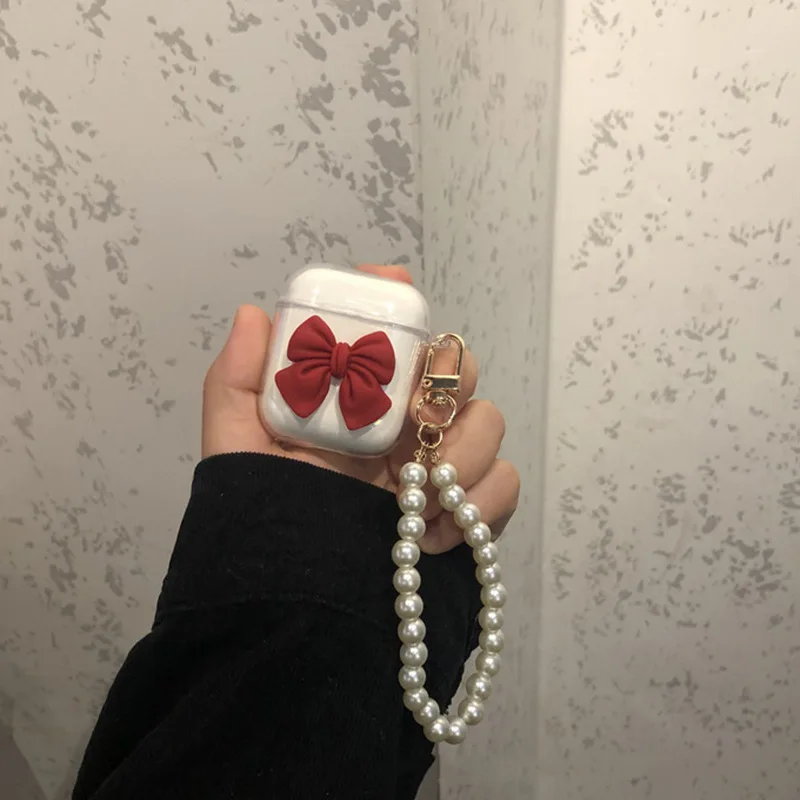 

Lovely Red Bow Pearl Keychain Silicone Earphone Cover for Apple Airpods Pro 3 Case for Airpods 3 3rd Generation Air Pod 2 1 Case