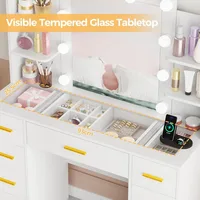 illuminated makeup vanity desk with glass top, 9 drawers, and power outlet for styling 2