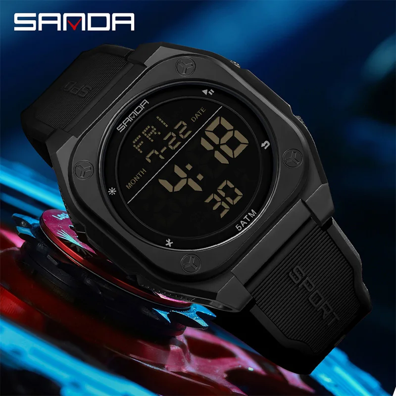 SANDA Digital Multifunction Waterproof Luminous Silicone Wristwatch