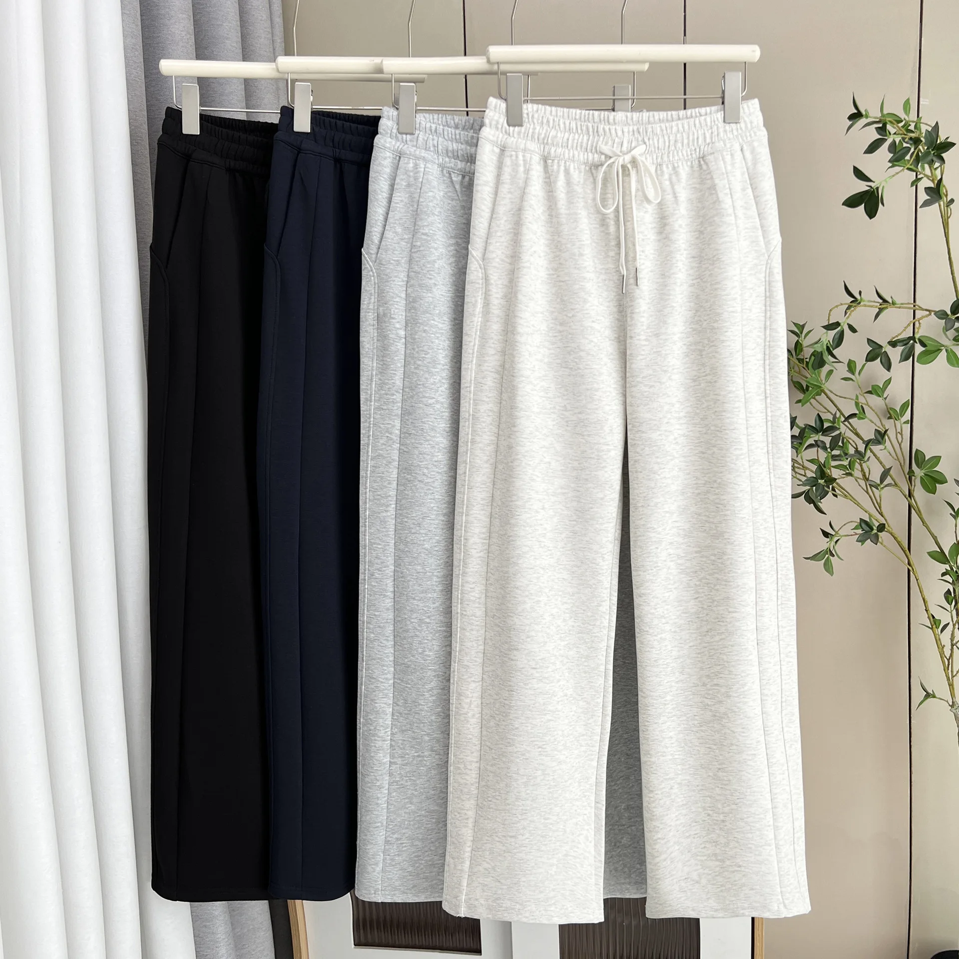 Fashion Plus Size Women's Wide Leg Pants Autumn New Style Simple Casual Drawstring Waist Full Length Trousers 8823