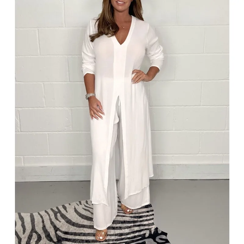 

Women's Fashion Split Long Top & Pants Set Temperament Women Casual Clothing Loose Two Piece Suit Outfits for Women