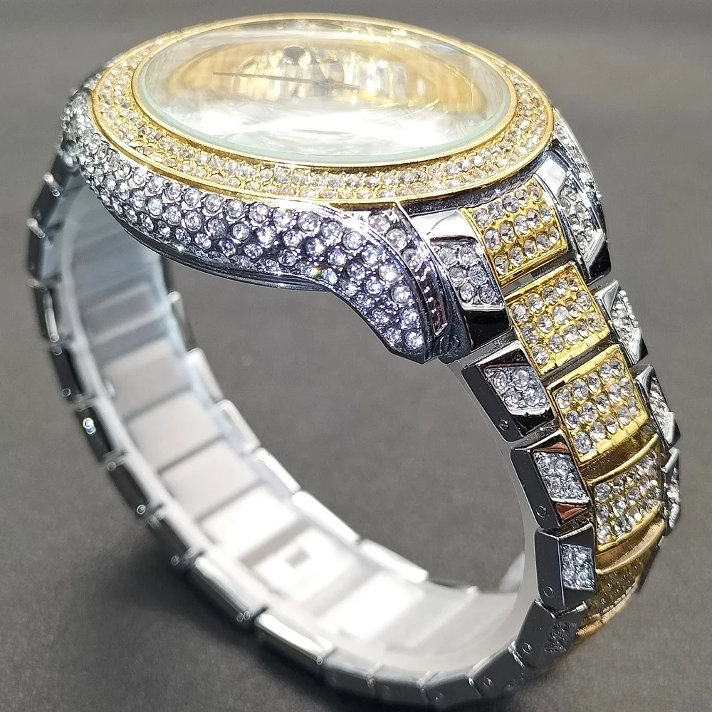 MISSFOX Orologio da uomo Hip Hop Iced Out Orologio da uomo al quarzo impermeabile con scritta Leopard Diamond Stainle Steel Gold Men'_voghion.com