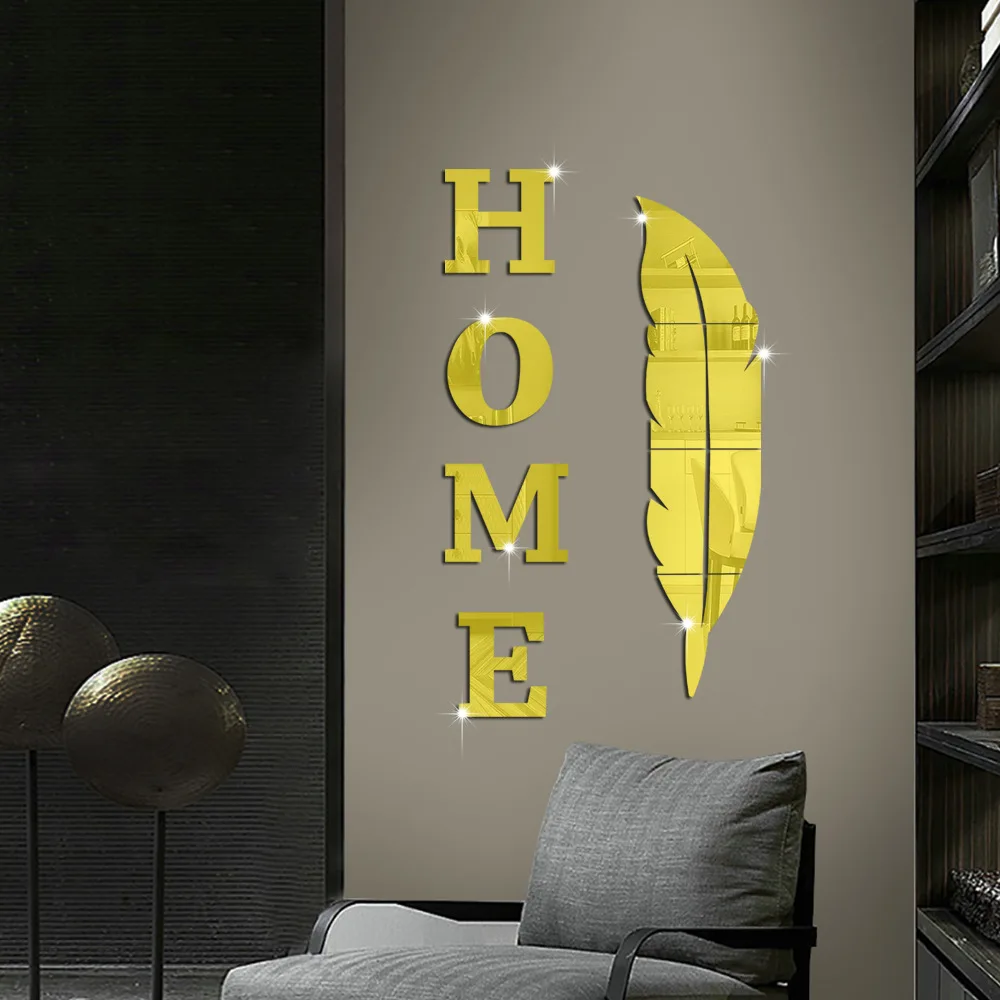3D English Letter Feather Mirror Paste Decoration Room Porch Living Room Background Wall Mirrors Modern Home Decoration mirror wall sticker