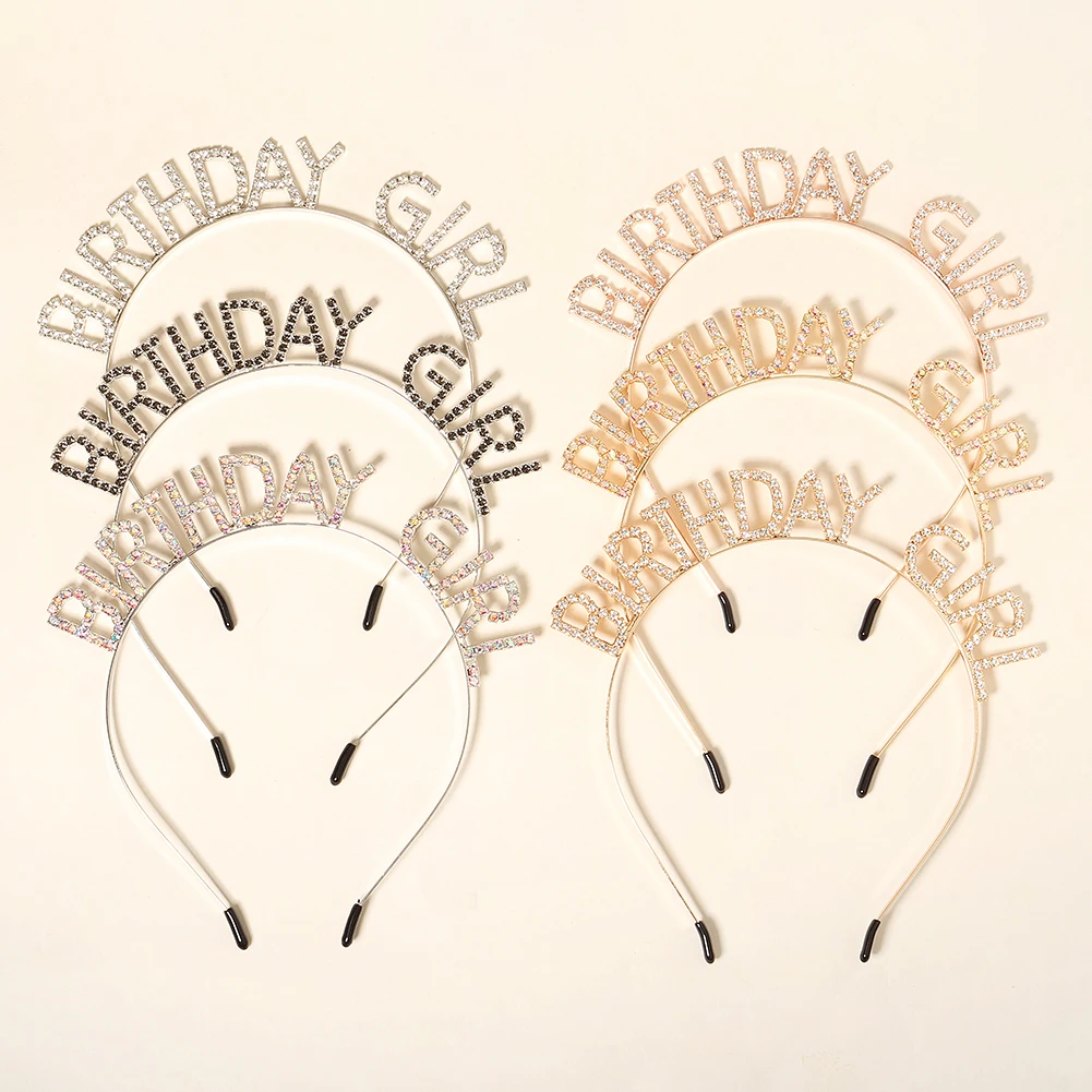 Glänzendes Strass-Stirnband mit englischen Buchstaben „Alles Gute zum Geburtstag“ für Frauen, Zinklegierungsmaterial, Party-Schmuck, beliebtes Haar-Accessoire