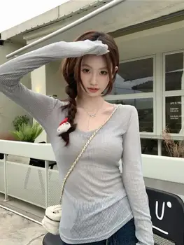 Slim Fit Long Sve V-Ne Thin Transparent  Knitted Top Women's Autumn 2024 New Sle Commute Sle Classic Pattern 1