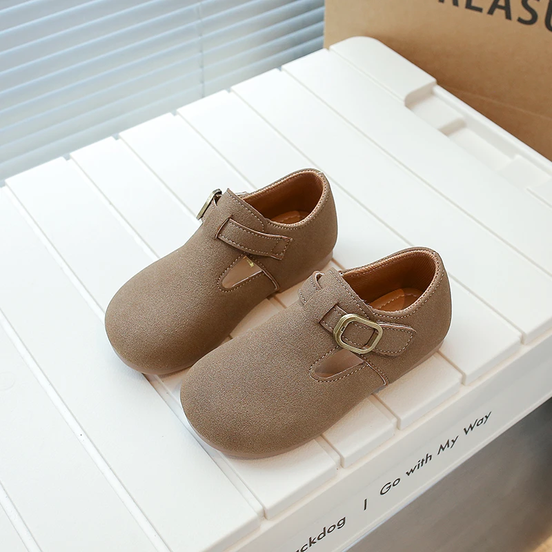 Fashion Children T-starp Fur Leather Shoes Korean Kids Unisex Casual Shoes Toddler Girls Boy Buckle Moccasin Autumn Spring