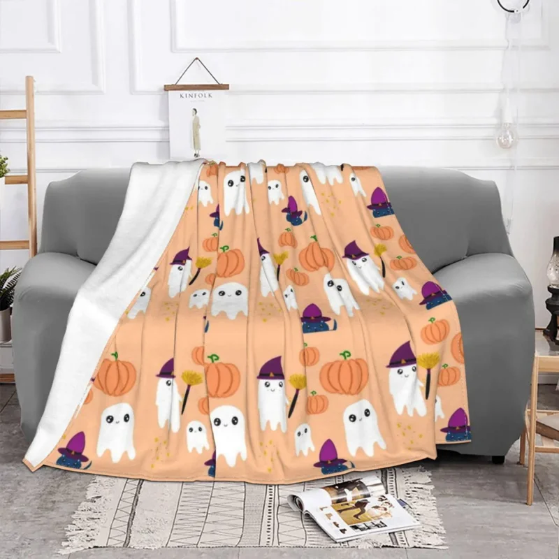 

Cute Halloween Fall Ghosts Pumpkins And Cat Blanket Flannel Spring Autumn Party Ultra-Soft Throw Blankets for Sofa Couch Quilt