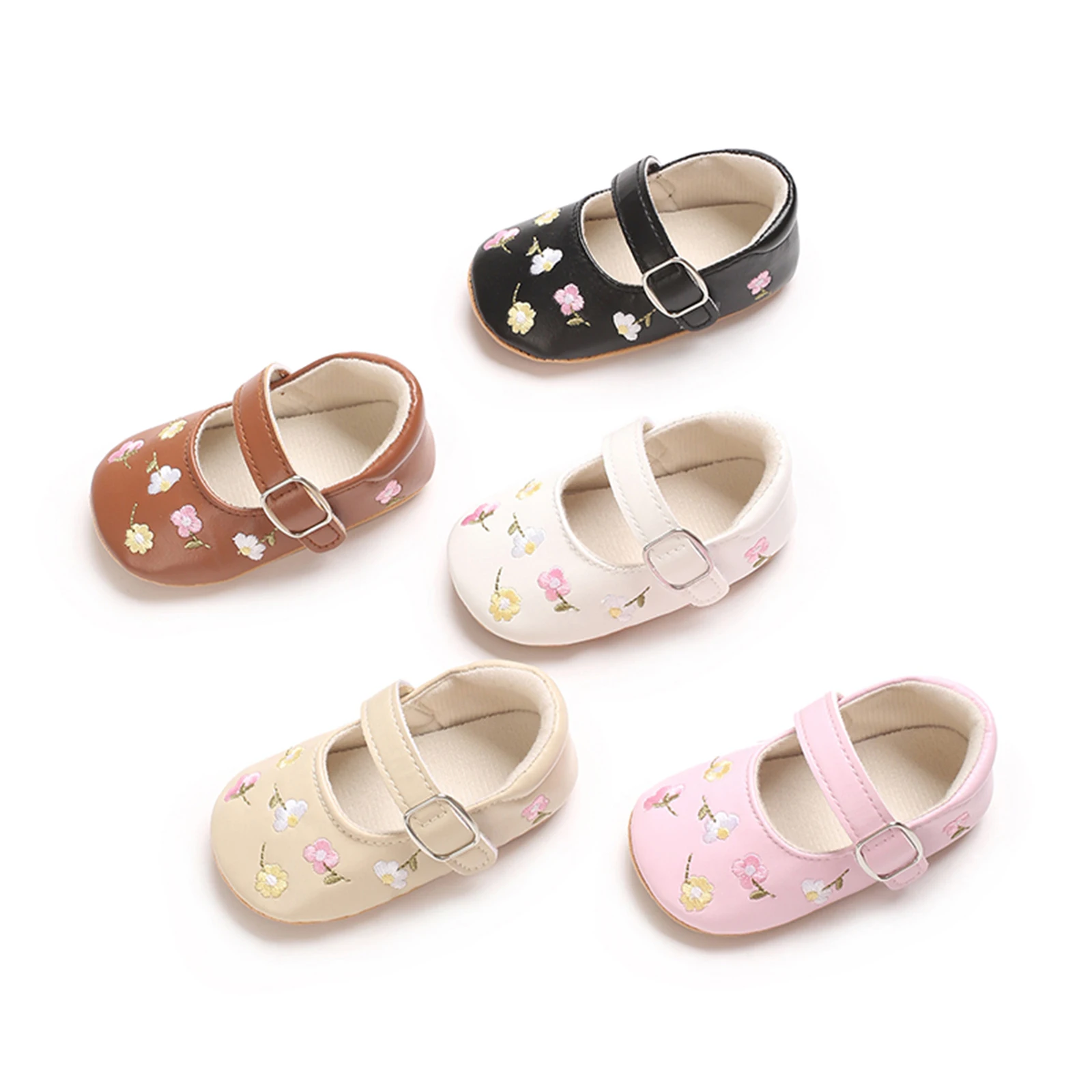 FOCUSNORM 0-18M Lovely Baby Girls Mary Jane Flats Shoes Flower Embroidered Non-Slip Newborn Crib Shoes