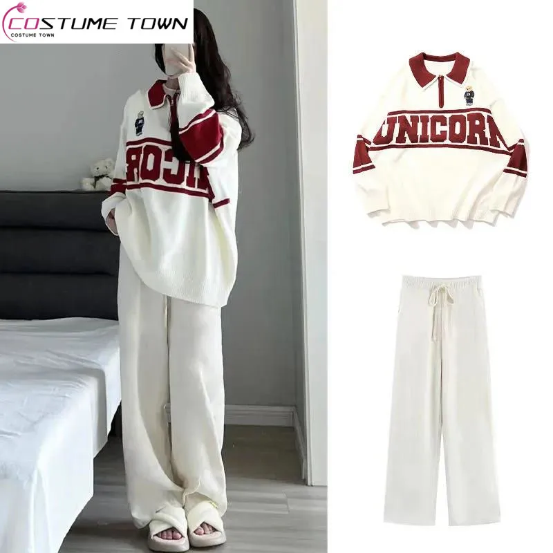 2023 Autumn/Winter New Fashion Wear Embroidered Little Bear Polo Neck Sweater Temperament Wide Leg Pants Two Piece Set