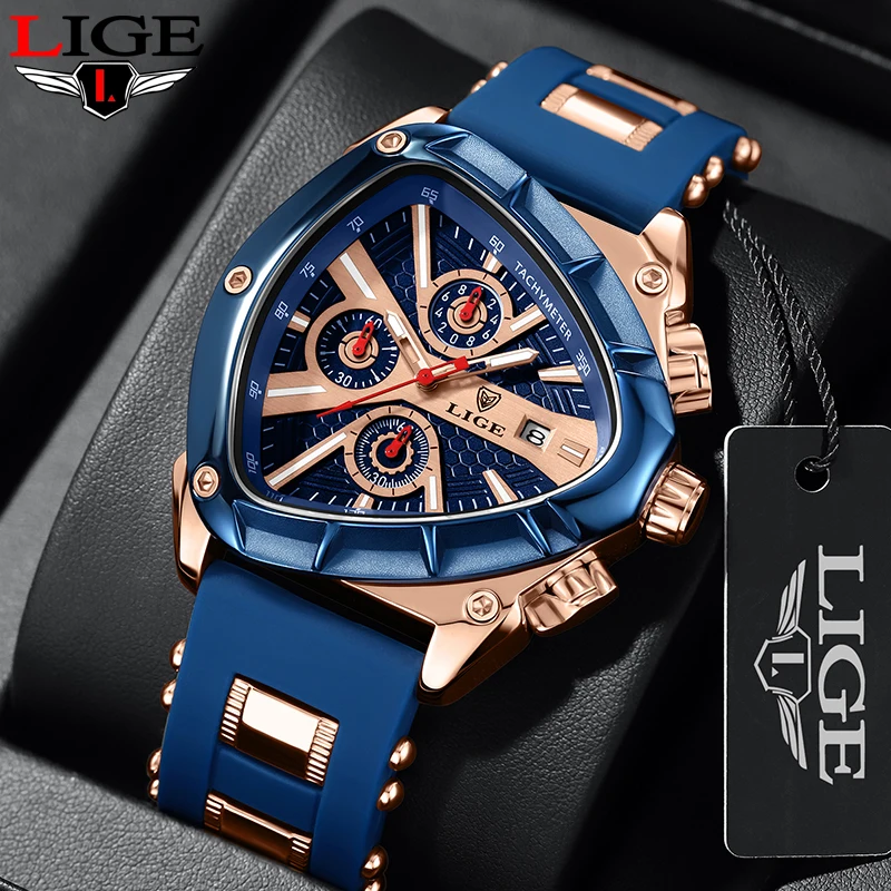 LIGE Fashion Men Watch Triangle Chronograph Military Wristwatch Sport Army Mens Watches Luxury Waterproof Quartz Clock Man Reloj megir fashion waterproof quartz watches for men luxury military sport chronograph wristwatch silicone strap часы мужские 2206