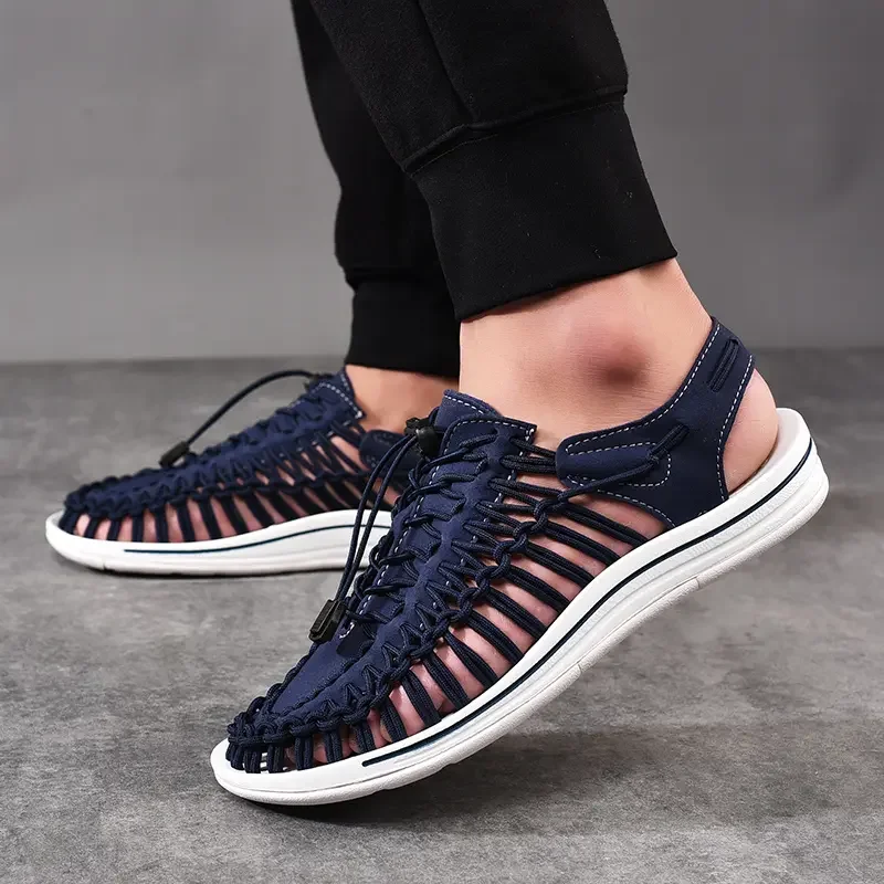 2024 New Leisure Men's Spring/Summer Knitted Sandals Fashionable and Trendy Beach Shoes with A Headband and One Step Lazy Shoes