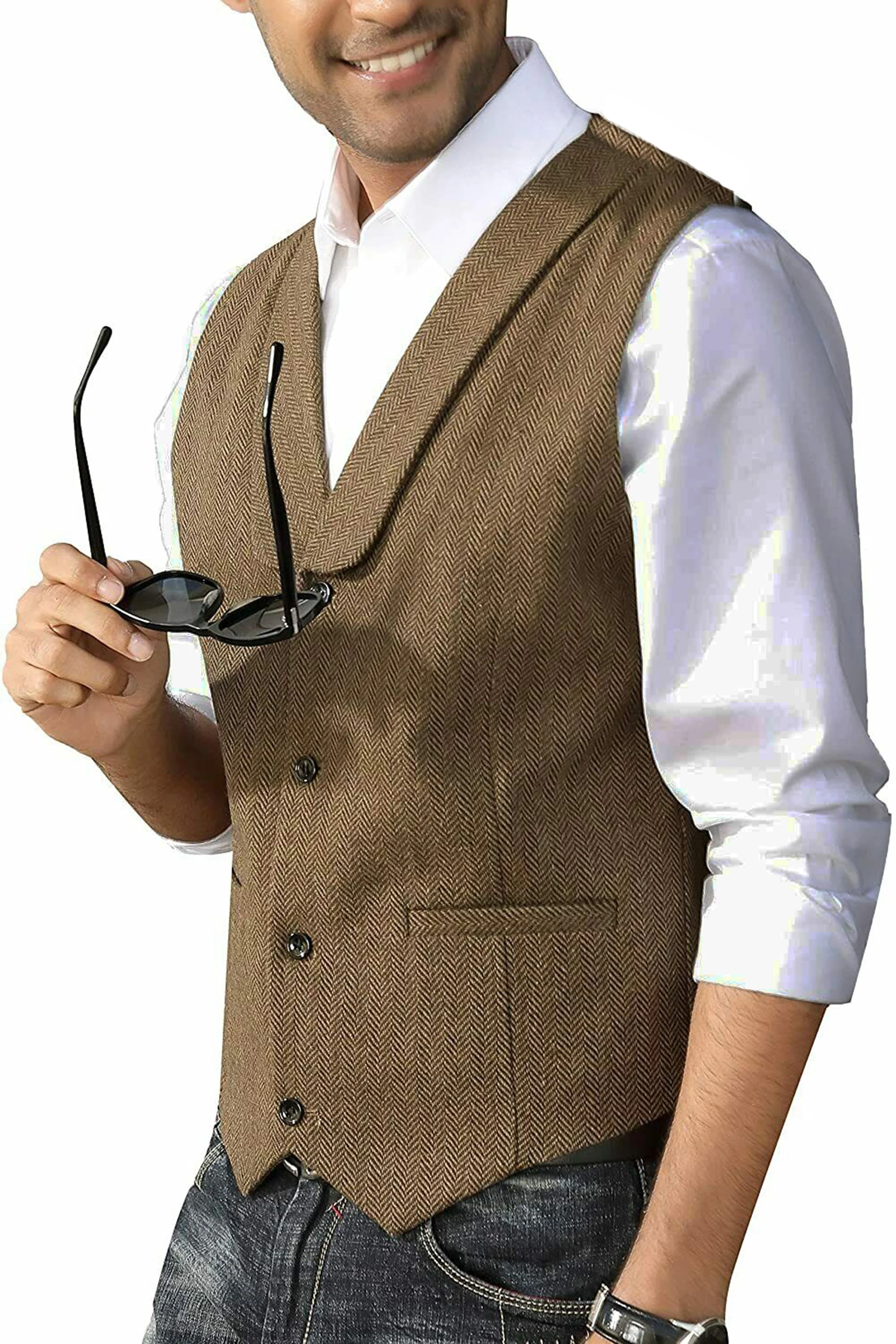 

Men Vest Brown Casual Shawl Lapel Wool Tweed Herringbone Dress Waistcoat for Wedding Party Dinner Banquet Suit