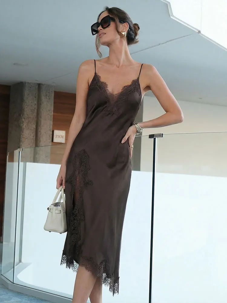 HH Women Fashion Lace Splicing Satin Texture Long Dress Sexy Backless Sleeveless Dresses Summer Lady Trend Party Evening Dress