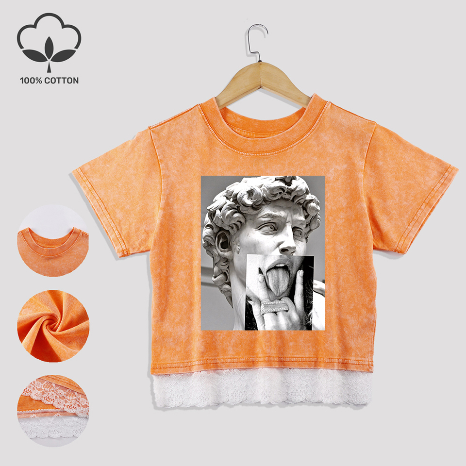 Doberman Dog Prints Cotton Washed T-Shirts All-Math Summer Lace Hem Crop Tops O-Neck Regular Fit Short Sleeve Casual Clothes