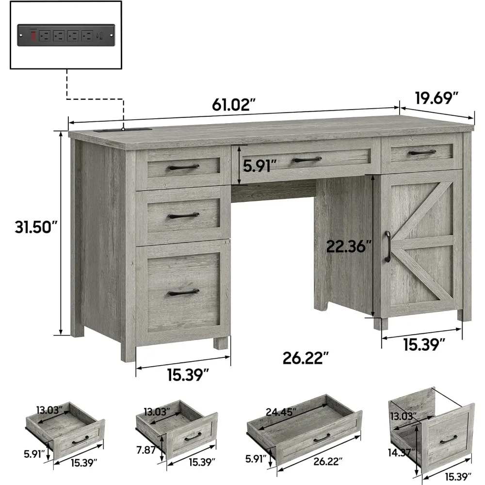 61'' Executive Office Desk with 5 Drawers, Computer Desk with Charging Station, File Drawers & Storage Cabinet, Home Office Desk 3