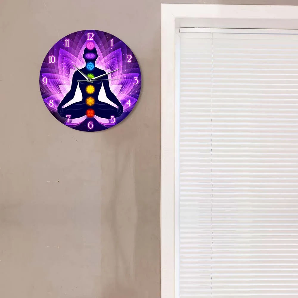 Meditating Namaste Lotus Pose Print Acrylic Wall Clock For Living Room Colorful Chakra Modern Design Home Decor Yoga Wall Watch 3
