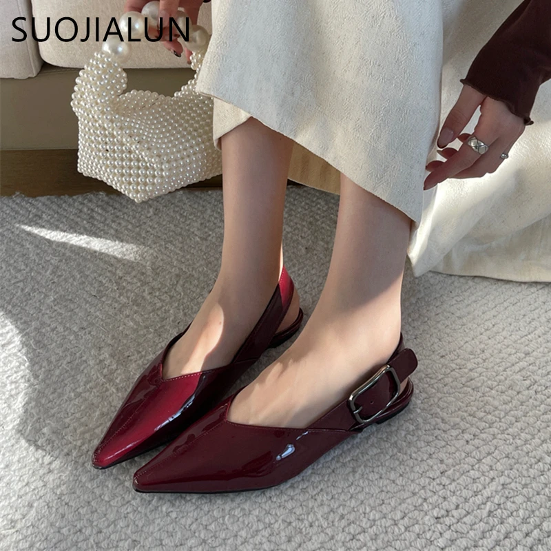 SUOJIALUN New Brand Women Sandal Fashion Pointed Toe Shallow Slip On Slingback Shoes Soft Flat Heel Outdoor Dress Mules Sho