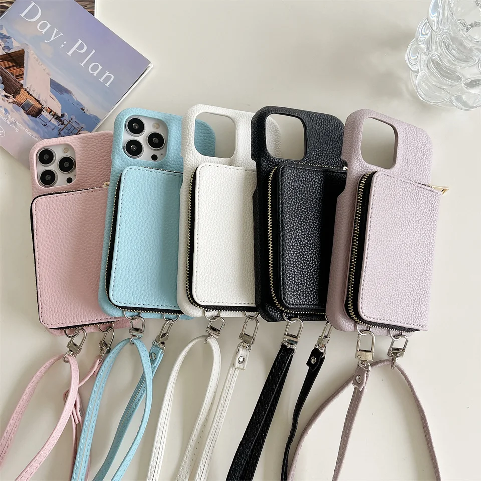 Crossbody Shoulder Strap Zipper Wallet Leather Case For iPhone 15 14 13 12 Mini 11 Pro XS Max XR 8 7 6S Plus SE 2020 Card Cover