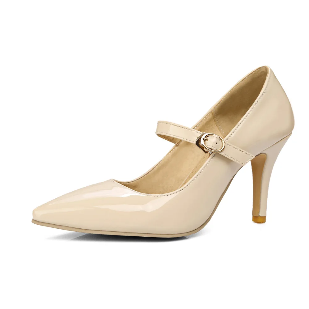 New Simple Style Handmade Womens Stiletto Heels Pumps Mary Janes Patent Leather Big Size From 34-52 Evening Party Fashion Shoes