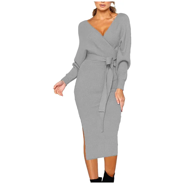 Women's Elegant V Neck Wrap Knit Sweater Dress Long Sleeve High Slit Sexy Midi Dresses with Belted Solid Color Casual Dress 6