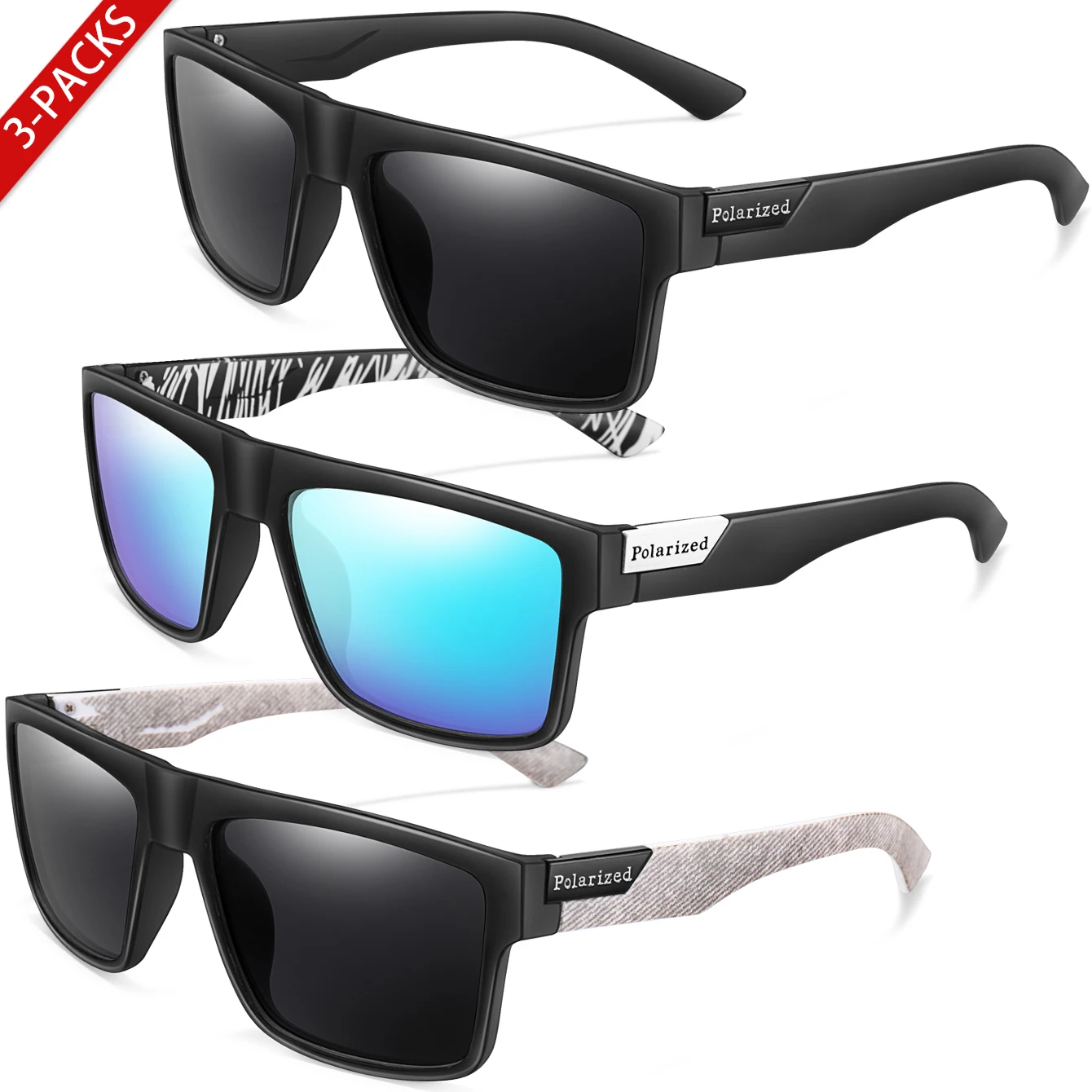 3쌍의 편광 선글라스 클래식 사각형 선글라스 남성과 여성을 위한 자외선 차단 낚시, 자전거 타기 및 운전에 이상적